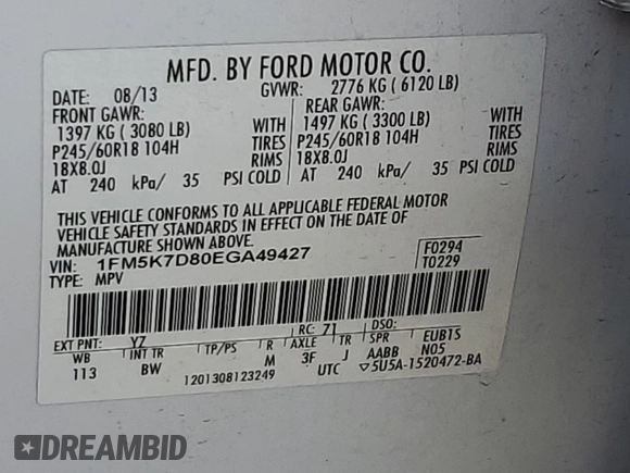 2014 Ford Explorer XLT z VIN 1FM5K7D80EGA49427, wystawiony jako Copart lot #76298214 z przebiegiem 131 132 mil mil oraz Szkoda całkowita • Salvage title. Historia ofert i sprzedaży dostępna na DreamBid. Obrazek 14.