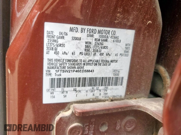 2006 Ford F-250 XL with VIN 1FTSW21P46ED58843, listed as a Copart auction lot 60709055 with 342,412 mi miles and Clean title. Bid and sale history available at DreamBid. Image 12.