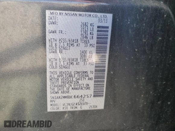 2013 Nissan Pathfinder SV with VIN 5N1AR2MM8DC664257, listed as a Copart auction lot 61076515 with 177,316 mi miles and Salvage title. Bid and sale history available at DreamBid. Image 13.