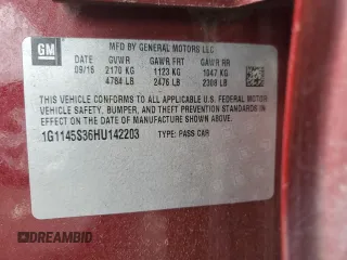 2017 Chevrolet Impala Premier with VIN 1G1145S36HU142203, listed as a Copart auction lot 60892975 with 109,857 mi miles and Clean title. Bid and sale history available at DreamBid. Image 12.