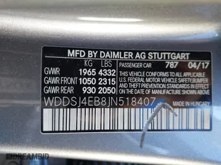 2018 Mercedes-Benz CLA with VIN WDDSJ4EB8JN518407, listed as a IAAI auction lot 41174984 with 90,457 mi miles. Bid and sale history available at carsss.com. Image 9.