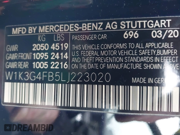 2020 Mercedes-Benz A 220 with VIN W1K3G4FB5LJ223020, listed as a IAAI auction lot 41323859 with 93,350 mi miles and . Bid and sale history available at DreamBid. Image 9.