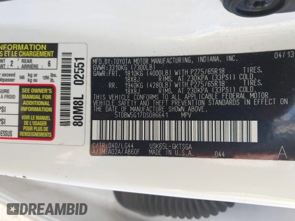 2013 Toyota Sequoia SR5 with VIN 5TDBW5G17DS086641, listed as a IAAI auction lot 41655162 with 210,828 mi miles. Bid and sale history available at carsss.com. Image 9.