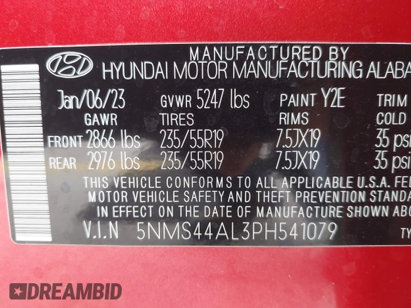 2023 Hyundai Santa Fe Limited z VIN 5NMS44AL3PH541079, wystawiony jako IAAI lot #42124161 z przebiegiem 21 422 mil mil oraz . Historia ofert i sprzedaży dostępna na DreamBid. Obrazek 8.