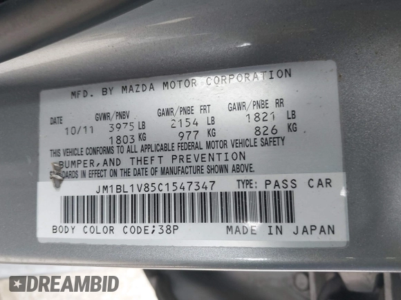 2012 Mazda 3 i Touring z VIN JM1BL1V85C1547347, wystawiony jako IAAI lot #42461435 z przebiegiem 141 842 mil mil oraz . Historia ofert i sprzedaży dostępna na DreamBid. Obrazek 9.