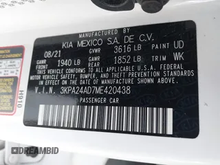 2021 Kia Rio LX with VIN 3KPA24AD7ME420438, listed as a IAAI auction lot 42030510 with 13,927 mi miles. Bid and sale history available at carsss.com. Image 9.