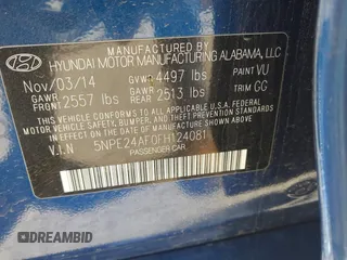 2015 Hyundai Sonata 2.4L SE with VIN 5NPE24AF0FH124081, listed as a IAAI auction lot 42187407 with 166,910 mi miles. Bid and sale history available at carsss.com. Image 9.