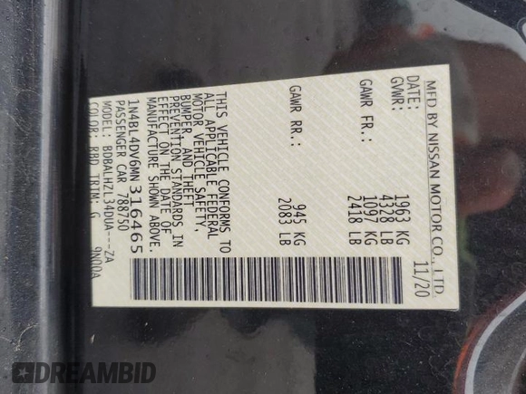 2021 Nissan Altima SV with VIN 1N4BL4DV6MN316465, listed as a Copart auction lot 56168215 with 50,472 mi miles and Salvage title. Bid and sale history available at DreamBid. Image 12.