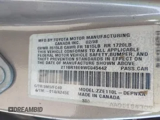 1998 Toyota Corolla VE z VIN 2T1BR18E9WC045442, wystawiony jako IAAI lot #42104201 z przebiegiem 243 256 mil mil oraz . Historia ofert i sprzedaży dostępna na DreamBid. Obrazek 9.