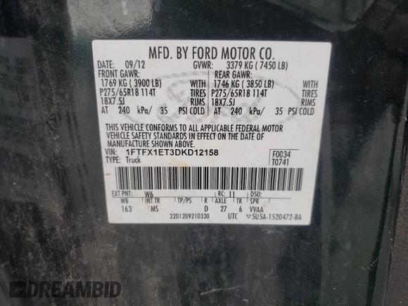 2013 Ford F-150 XL z VIN 1FTFX1ET3DKD12158, wystawiony jako Copart lot #62346445 z przebiegiem 298 293 mil mil oraz Czysty tytuł • Clean title. Historia ofert i sprzedaży dostępna na DreamBid. Obrazek 12.