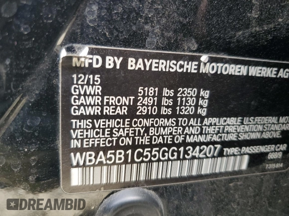 2016 BMW 5 Series 535i with VIN WBA5B1C55GG134207, listed as a Copart auction lot 54599995 with 152,409 mi miles and Clean Title. Bid and sale history available at carsss.com. Image 12.