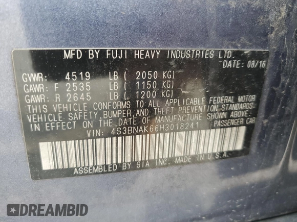 2017 Subaru Legacy Limited with VIN 4S3BNAK66H3018241, listed as a Copart auction lot 60408985 with 99,965 mi miles and Salvage title. Bid and sale history available at DreamBid. Image 12.