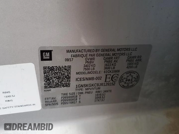 2018 Chevrolet Suburban LS with VIN 1GNSKGKC9JR129152, listed as a Copart auction lot 51540075 with 371,516 mi miles and Clean Title. Bid and sale history available at DreamBid. Image 13.