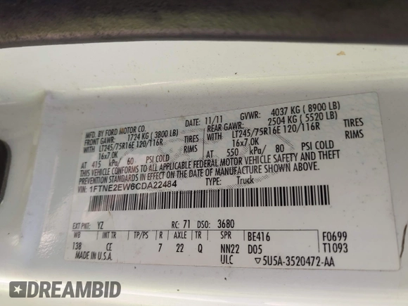 2012 Ford Econoline Cargo Recreational with VIN 1FTNE2EW6CDA22484, listed as a IAAI auction lot 42100595 with Not provided miles and . Bid and sale history available at DreamBid. Image 9.