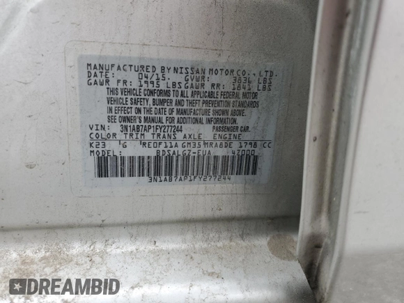2015 Nissan Sentra SV with VIN 3N1AB7AP1FY277244, listed as a Copart auction lot 51836255 with 95,866 mi miles and Salvage Title. Bid and sale history available at carsss.com. Image 12.