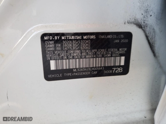 2020 Mitsubishi Mirage ES with VIN ML32A3HJ3LH005643, listed as a Copart auction lot 49290805 with 0 mi miles and Salvage Title. Bid and sale history available at carsss.com. Image 12.