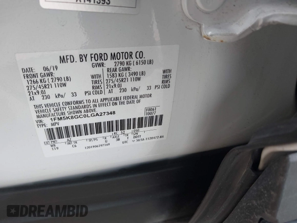 2020 Ford Explorer ST with VIN 1FM5K8GC0LGA27348, listed as a IAAI auction lot 41364046 with 70,096 mi miles and . Bid and sale history available at DreamBid. Image 9.