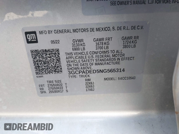 2022 Chevrolet Silverado 1500 RST with VIN 3GCPADED5NG565314, listed as a IAAI auction lot 40979469 with 38,807 mi miles and . Bid and sale history available at DreamBid. Image 9.