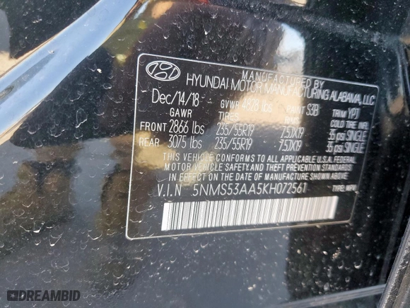 2019 Hyundai Santa Fe Limited with VIN 5NMS53AA5KH072561, listed as a Copart auction lot 47858945 with 45,323 mi miles and Salvage Title. Bid and sale history available at carsss.com. Image 14.