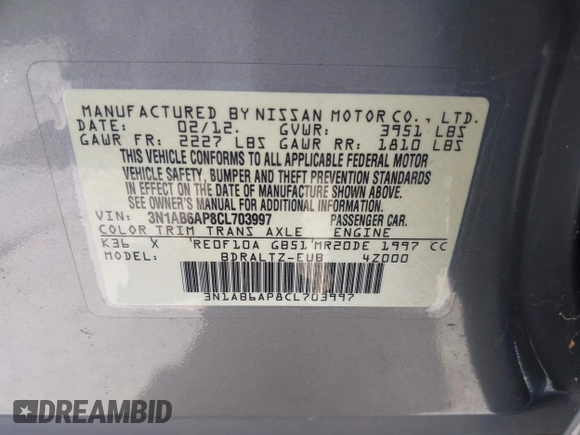 2012 Nissan Sentra 2.0 with VIN 3N1AB6AP8CL703997, listed as a IAAI auction lot 42477410 with 113,756 mi miles and . Bid and sale history available at DreamBid. Image 9.