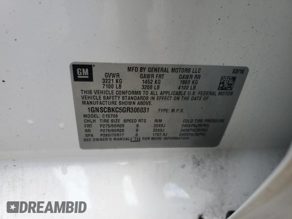 2016 Chevrolet Tahoe LT with VIN 1GNSCBKC5GR306031, listed as a Copart auction lot 54071705 with 219,799 mi miles and Salvage title. Bid and sale history available at DreamBid. Image 13.