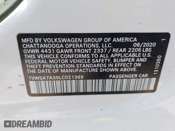 2020 Volkswagen Passat 2.0T SE with VIN 1VWSA7A39LC021369, listed as a IAAI auction lot 41855203 with 41,783 mi miles. Bid and sale history available at carsss.com. Image 9.
