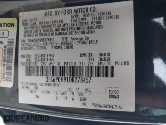 2013 Ford Fusion SE with VIN 3FA6P0H91DR278457, listed as a IAAI auction lot 42597251 with 136,711 mi miles and . Bid and sale history available at DreamBid. Image 9.