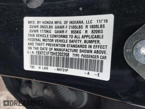 2017 Honda Civic Sedan EX-L with VIN 19XFC1F70HE202268, listed as a IAAI auction lot 41232570 with 81,893 mi miles. Bid and sale history available at carsss.com. Image 9.