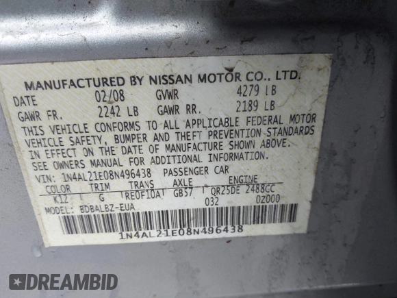 2008 Nissan Altima 2.5 SL with VIN 1N4AL21E08N496438, listed as a IAAI auction lot 41889506 with 230,730 mi miles. Bid and sale history available at carsss.com. Image 9.