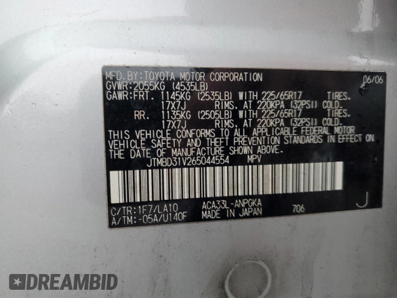 2006 Toyota RAV4 Limited with VIN JTMBD31V265044554, listed as a Copart auction lot 50124775 with 84,702 mi miles and Salvage title. Bid and sale history available at DreamBid. Image 13.