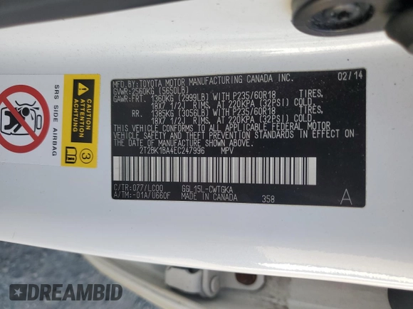 2014 Lexus RX 350 with VIN 2T2BK1BA4EC247996, listed as a Copart auction lot 54525525 with 242,274 mi miles and Salvage Title. Bid and sale history available at DreamBid. Image 14.