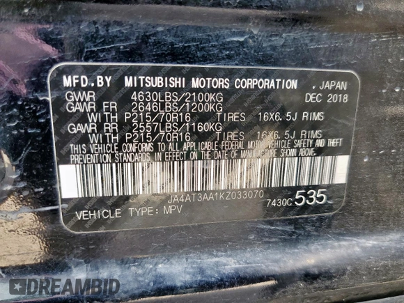 2019 Mitsubishi Eclipse Cross ES с VIN JA4AT3AA1KZ033070, выставлен на аукционе Copart как лот 58386255 с пробегом 181 735 миль миль и Списание • Salvage title. История ставок и продаж доступна на DreamBid. Изображение 13.