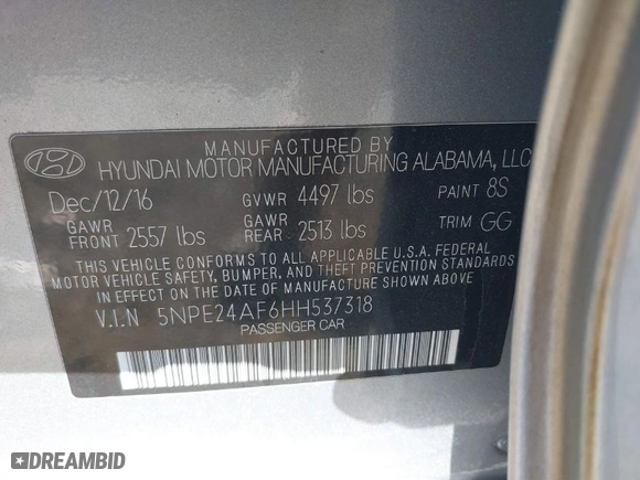2017 Hyundai Sonata SE with VIN 5NPE24AF6HH537318, listed as a IAAI auction lot 41785789 with 115,013 mi miles. Bid and sale history available at carsss.com. Image 9.