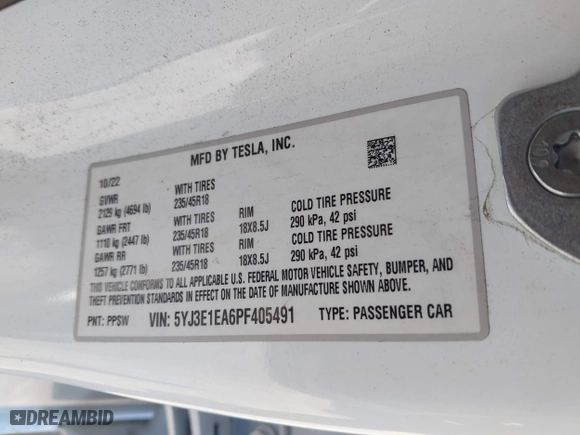 2023 Tesla Model 3 with VIN 5YJ3E1EA6PF405491, listed as a IAAI auction lot 41851797 with 47,581 mi miles. Bid and sale history available at carsss.com. Image 9.