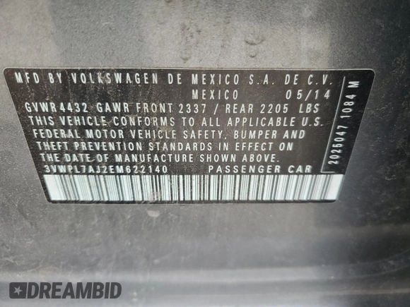 2014 Volkswagen Jetta TDI w/Sunroof & Nav with VIN 3VWPL7AJ2EM622140, listed as a Copart auction lot 56413225 with 166,546 mi miles and Salvage title. Bid and sale history available at DreamBid. Image 12.