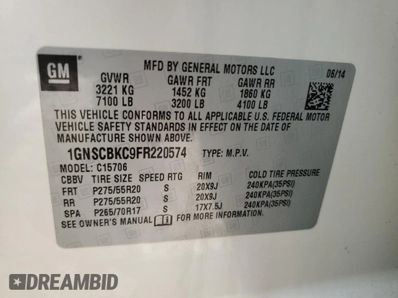 2015 Chevrolet Tahoe LT with VIN 1GNSCBKC9FR220574, listed as a Copart auction lot 54788555 with 244,491 mi miles and Salvage title. Bid and sale history available at DreamBid. Image 13.