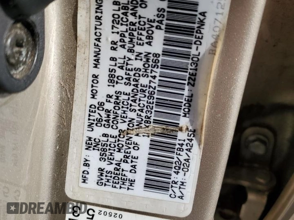 2006 Toyota Corolla CE with VIN 1NXBR32E96Z747568, listed as a Copart auction lot 54609795 with 203,988 mi miles and Clean Title. Bid and sale history available at DreamBid. Image 12.