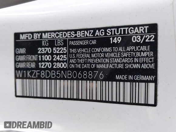 2022 Mercedes-Benz E 350 with VIN W1KZF8DB5NB068876, listed as a IAAI auction lot 41999445 with 31,786 mi miles and . Bid and sale history available at DreamBid. Image 9.