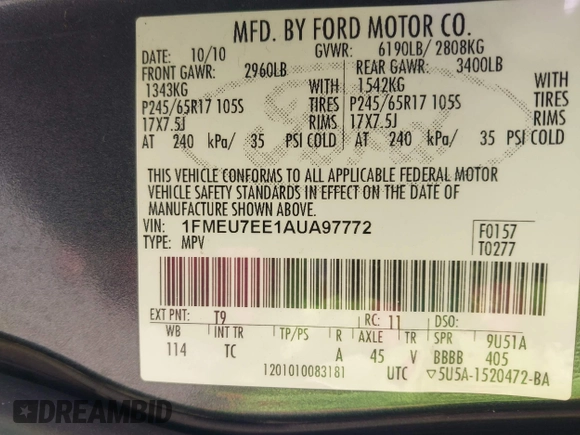 2010 Ford Explorer Eddie Bauer z VIN 1FMEU7EE1AUA97772, wystawiony jako IAAI lot #42108486 z przebiegiem 242 520 mil mil oraz . Historia ofert i sprzedaży dostępna na DreamBid. Obrazek 9.