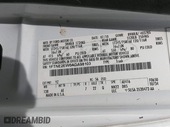 2010 Ford Econoline Cargo Commercial with VIN 1FTNE2EW0ADA98103, listed as a IAAI auction lot 41735290 with 143,717 mi miles and . Bid and sale history available at DreamBid. Image 9.