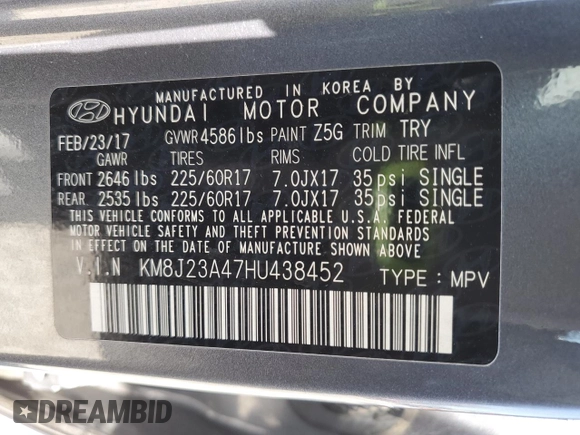 2017 Hyundai Tucson SE with VIN KM8J23A47HU438452, listed as a Copart auction lot 53251835 with 82,859 mi miles and Salvage Title. Bid and sale history available at DreamBid. Image 12.