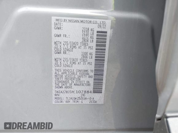 2023 Nissan Murano SV z VIN 5N1AZ2BJ5PC107884, wystawiony jako IAAI lot #42432389 z przebiegiem 20 190 mil mil oraz . Historia ofert i sprzedaży dostępna na DreamBid. Obrazek 9.
