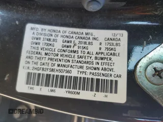 2014 Honda Civic LX z VIN 2HGFB2F58EH507560, wystawiony jako Copart lot #55852875 z przebiegiem 149 131 mil mil oraz Szkoda całkowita • Salvage title. Historia ofert i sprzedaży dostępna na DreamBid. Obrazek 14.