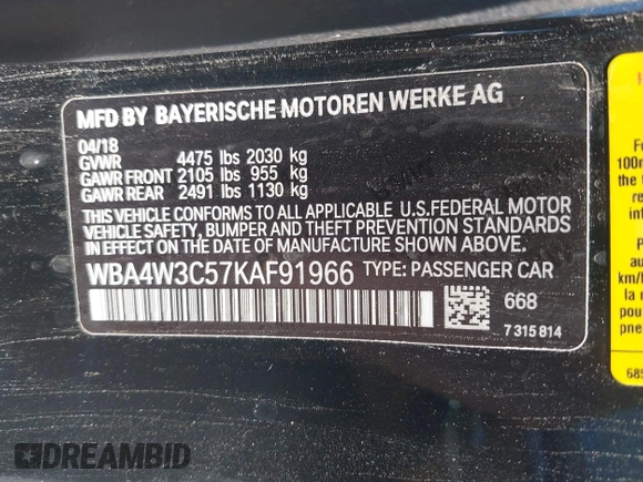 2019 BMW 4 Series 430i with VIN WBA4W3C57KAF91966, listed as a IAAI auction lot 42589984 with 103,001 mi miles and . Bid and sale history available at DreamBid. Image 8.