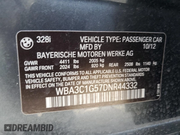 2013 BMW 3 Series 328i with VIN WBA3C1G57DNR44332, listed as a Copart auction lot 45503415 with 158,141 mi miles and Salvage Title. Bid and sale history available at carsss.com. Image 13.