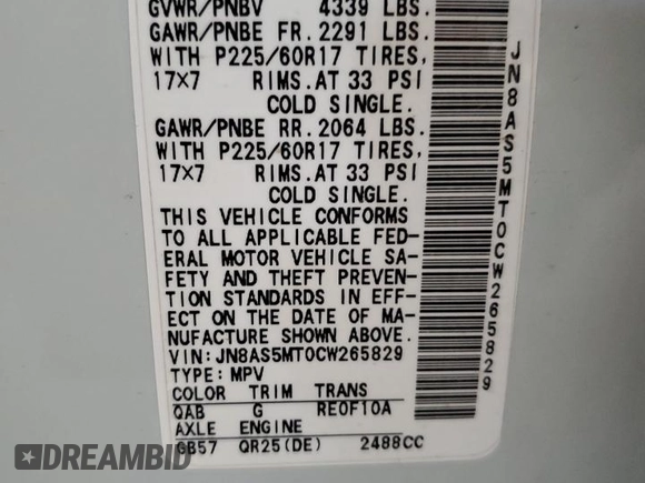 2012 Nissan Rogue SL with VIN JN8AS5MT0CW265829, listed as a Copart auction lot 52981285 with 133,413 mi miles and Clean Title. Bid and sale history available at DreamBid. Image 12.