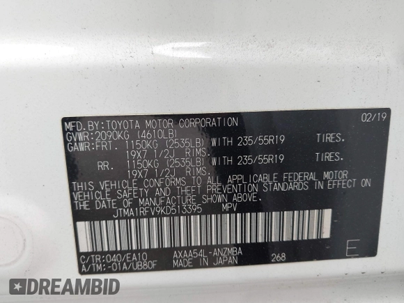 2019 Toyota RAV4 XLE Premium with VIN JTMA1RFV9KD513395, listed as a IAAI auction lot 41469143 with 28,406 mi miles. Bid and sale history available at carsss.com. Image 9.