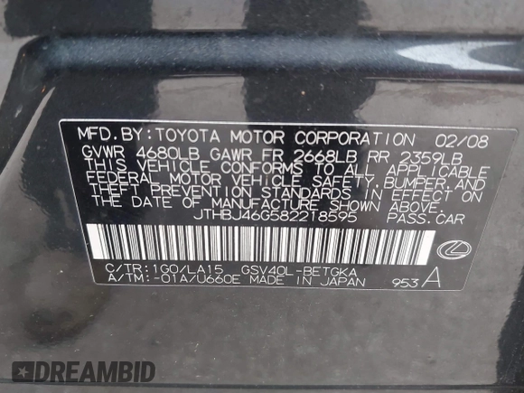 2008 Lexus ES 330 z VIN JTHBJ46G582218595, wystawiony jako IAAI lot #41710695 z przebiegiem 202 216 mil mil oraz . Historia ofert i sprzedaży dostępna na DreamBid. Obrazek 9.