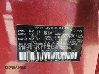2021 Subaru Outback Premium with VIN 4S4BTAFC0M3194763, listed as a Copart auction lot 59713325 with 38,771 mi miles and Salvage title. Bid and sale history available at DreamBid. Image 14.
