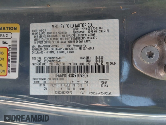 2024 Ford Mustang EcoBoost with VIN 1FA6P8TH3R5109807, listed as a IAAI auction lot 41916951 with Not provided miles and . Bid and sale history available at DreamBid. Image 9.